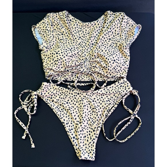 Zaful Other - Zaful Small 4 Bikini Set Tan Black Cheetah Print Ruched Crop Top Side Tie Resort